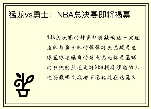 猛龙vs勇士：NBA总决赛即将揭幕