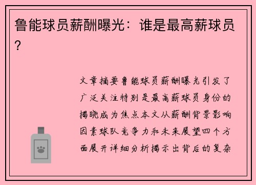 鲁能球员薪酬曝光：谁是最高薪球员？